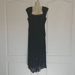 Jones New York Ladies Silk Cowl Neckline Beaded High Low Midi Dress Size6 Black